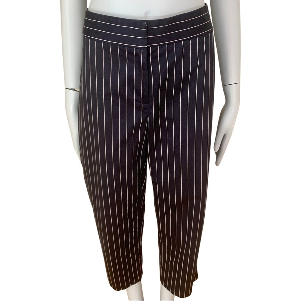 OSCAR DE LA RENTA High Waist Blue Striped Cotton Cropped Capri Pants